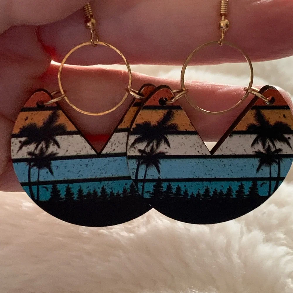 Cali Dangle Boho Wood Round Orange Turquoise Gold Metal Fish Hook Earrings